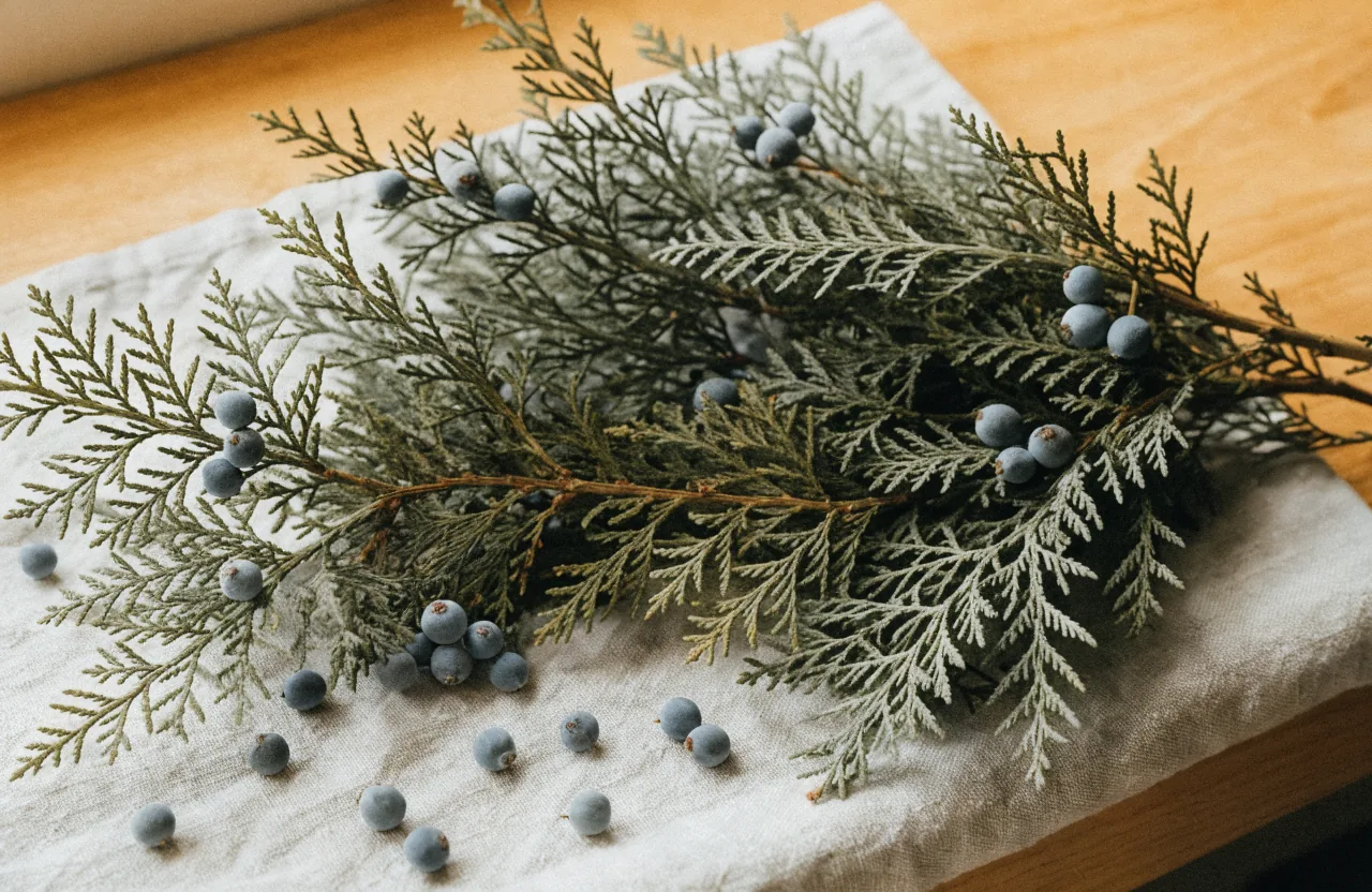 Fresh juniper sprigs with dusty blue berries lying on pale linen cloth in soft window light.