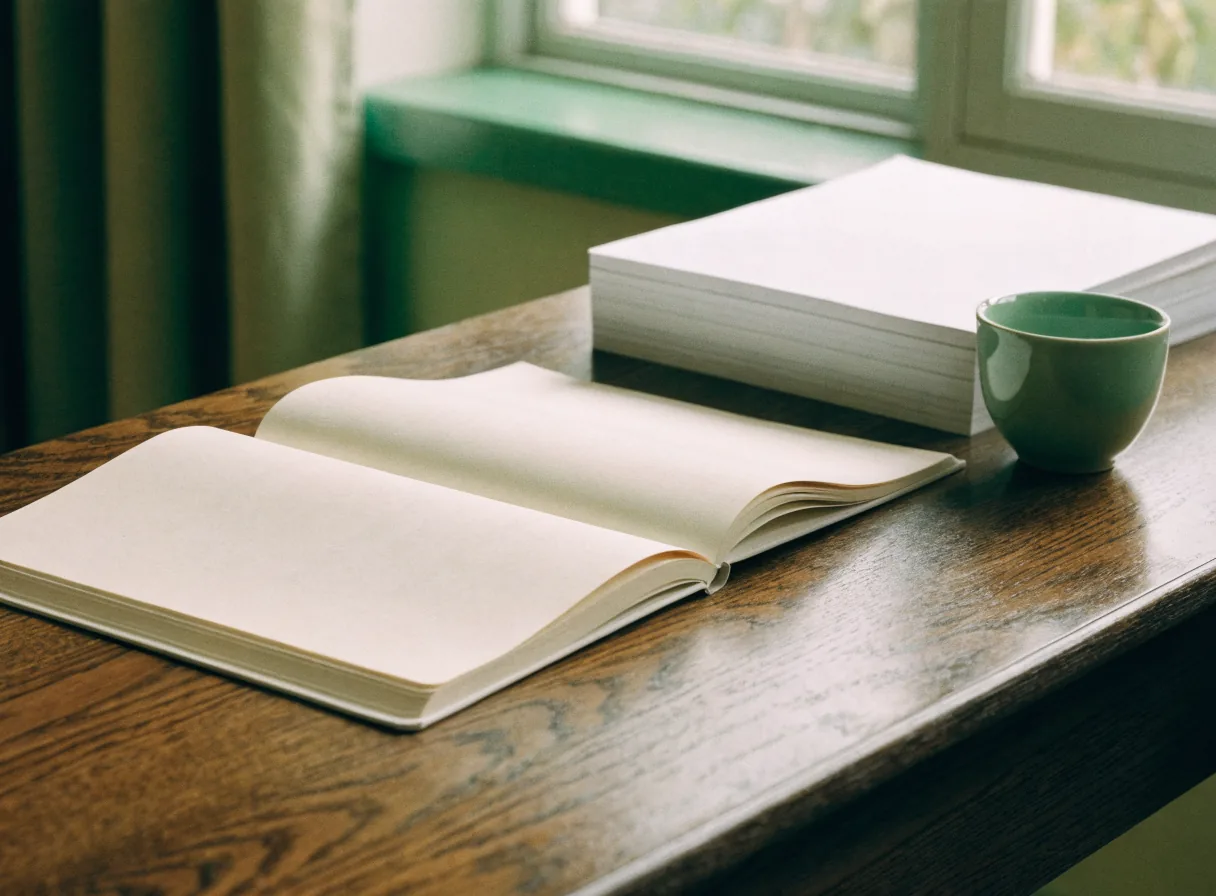 An open notebook with blank pages beside a stack of plain paper and a small sage green ceramic cup on a dark oak desk.